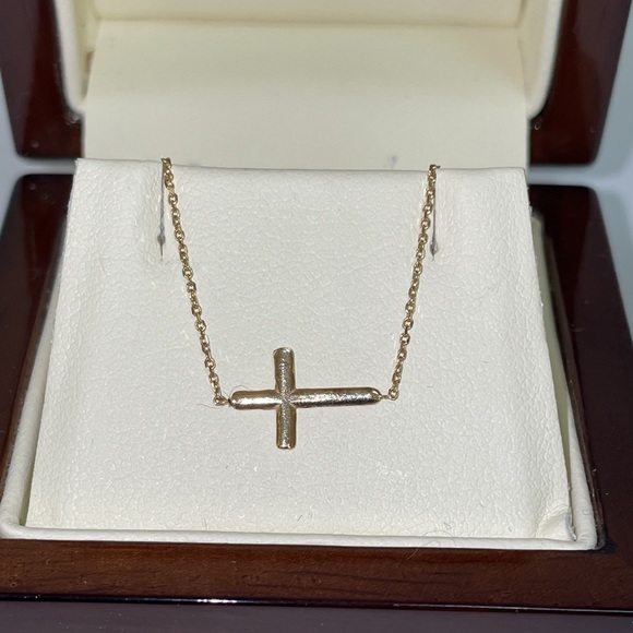 Solid Stamped Real Genuine 14K Yellow Gold Religious Sideways Cross Necklace - Picture 7 of 14
